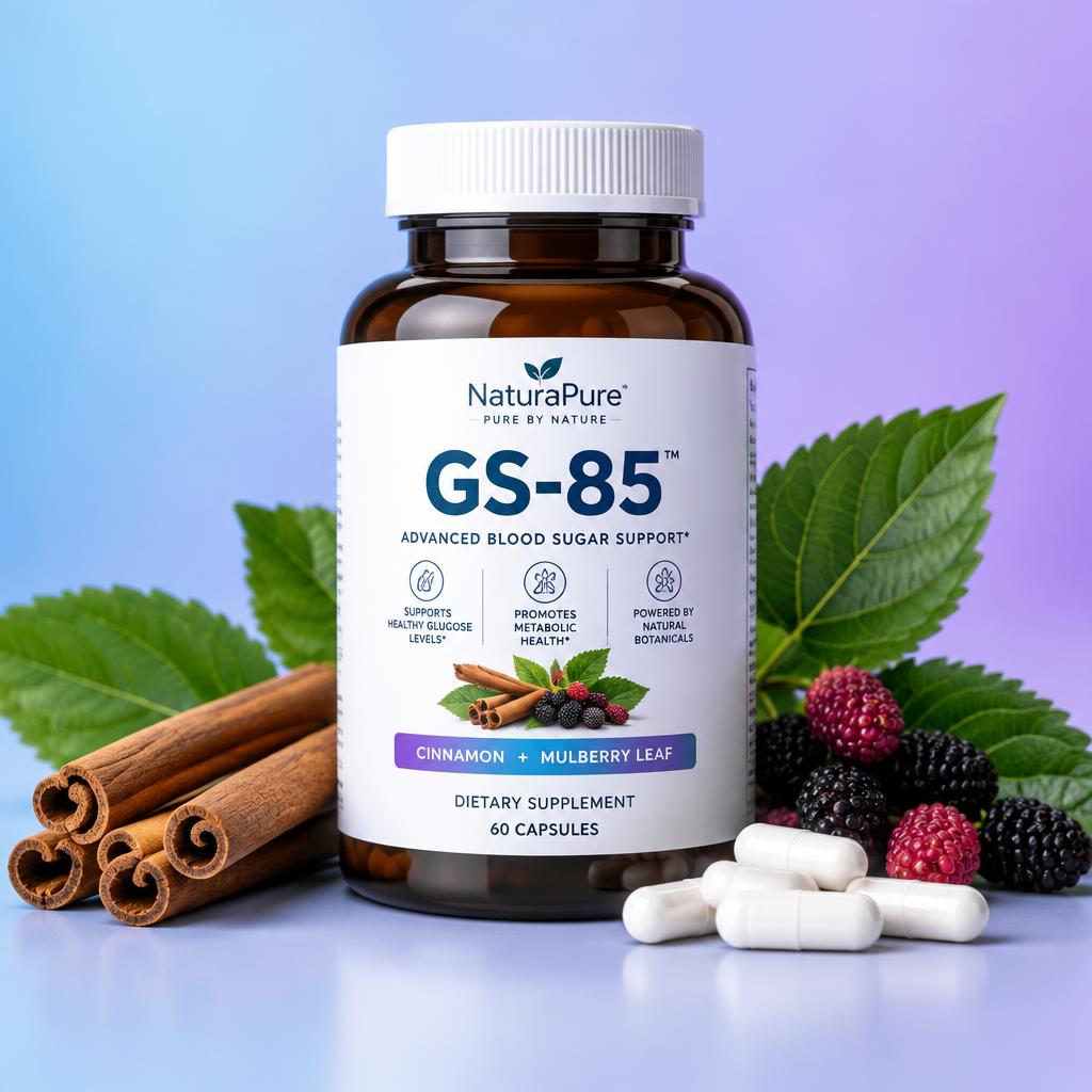 GS-85 Select Blood Sugar supplement bottle with cinnamon and mulberry